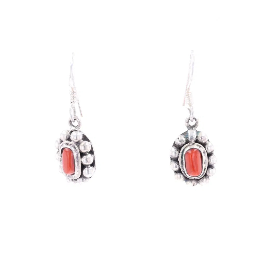 Vintage Oval Coral Dangle Earring With Sterling Silver Details