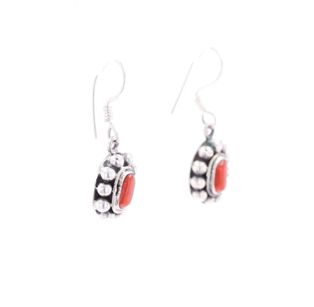 Vintage Oval Coral Dangle Earring With Sterling Silver Details