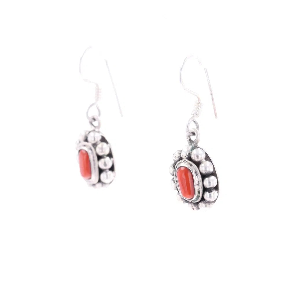 Vintage Oval Coral Dangle Earring With Sterling Silver Details