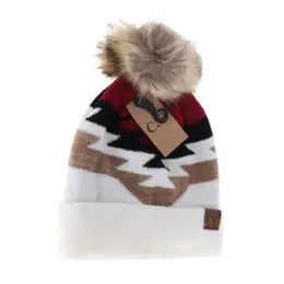 C.C Soft Aztec Pattern Beanie with Faux Fur Pom