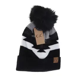 C.C Soft Aztec Pattern Beanie with Faux Fur Pom