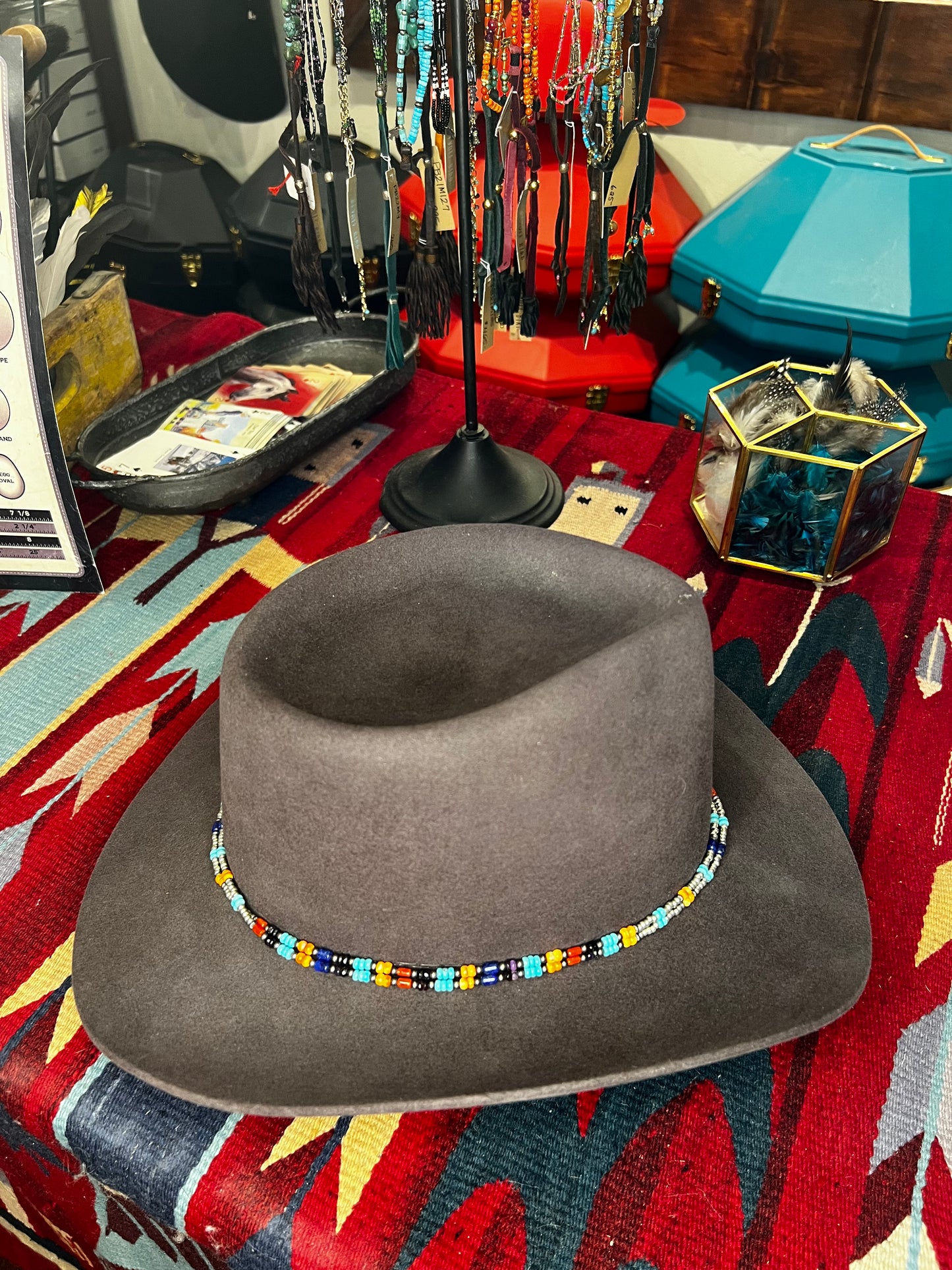 Hat Band, Beaded on Deer Leather Peyote Bird Designs