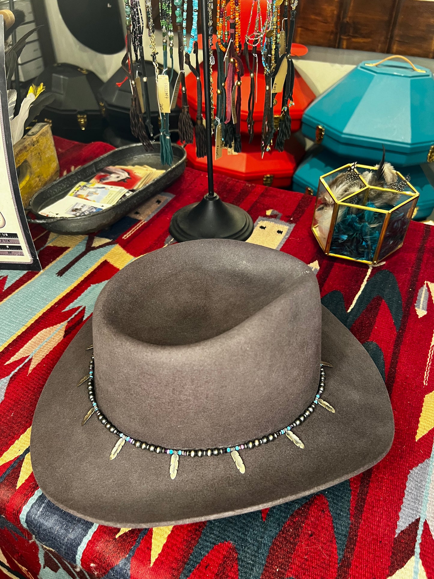 Hat Band, Beaded on Deer Leather Peyote Bird Designs