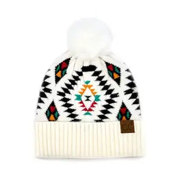 C.C Soft Aztec Pattern Beanie with Faux Fur Pom