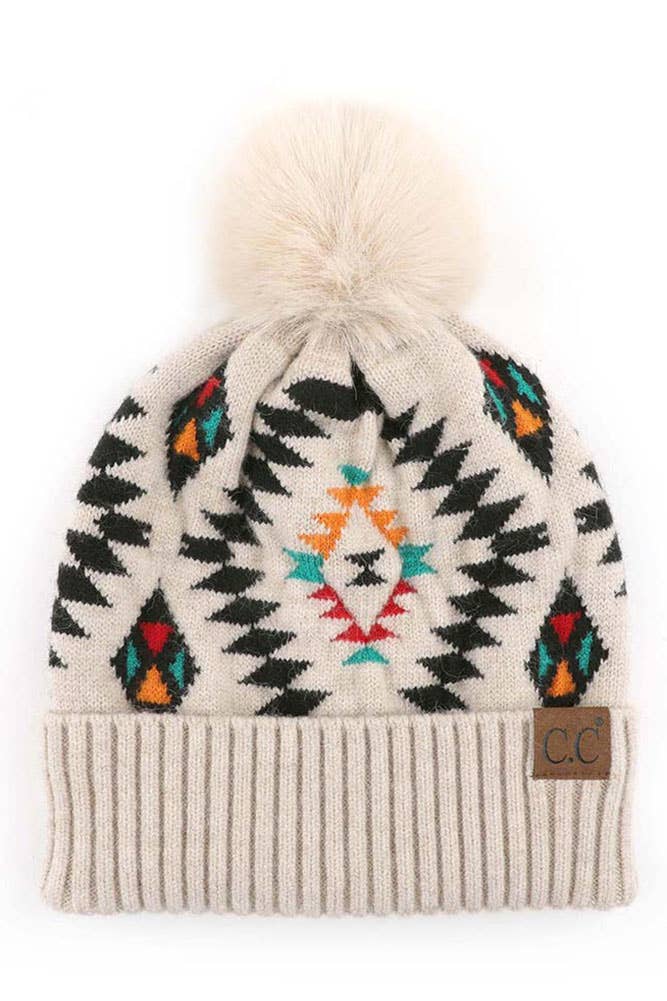 C.C Soft Aztec Pattern Beanie with Faux Fur Pom