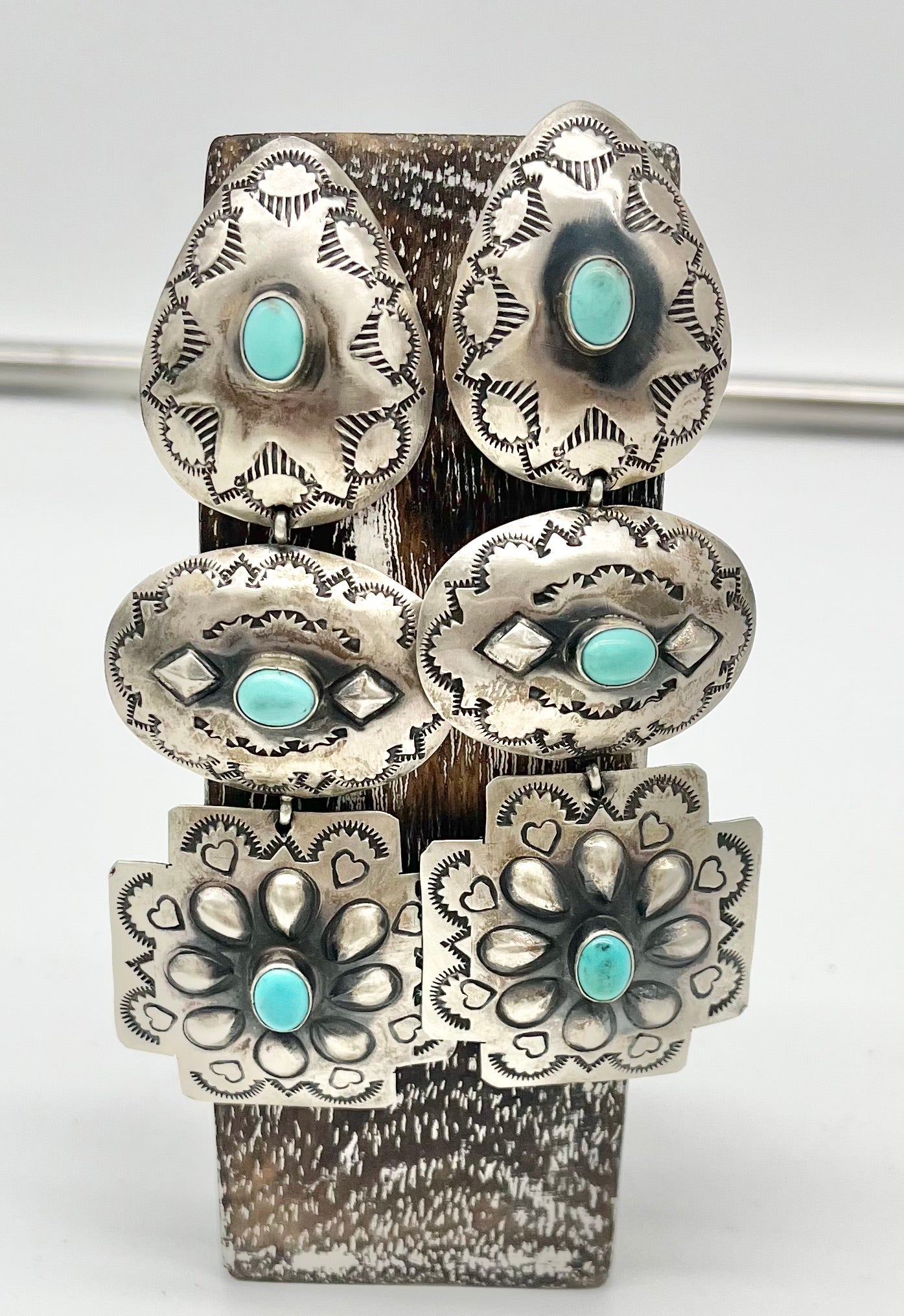 Earring- 3 concho drop Navajo, Silver, Turquoise