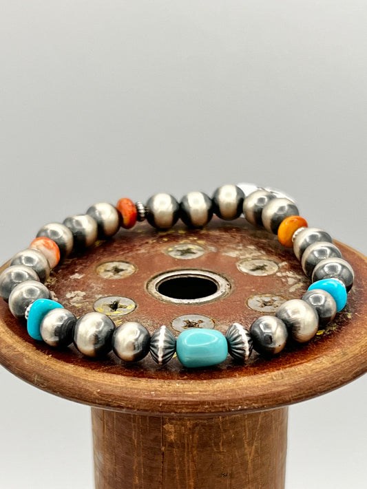 Navajo Pearl Stretch Bracelet with Turquoise and Spiny Oyster